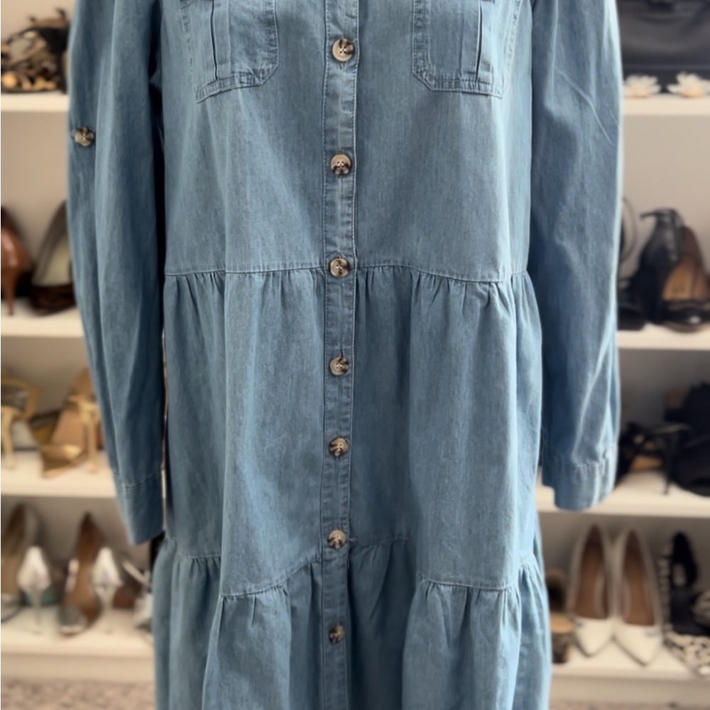 Blue Tiered Ruffled Denim Dress with Bishop Sleeves / Size 1X